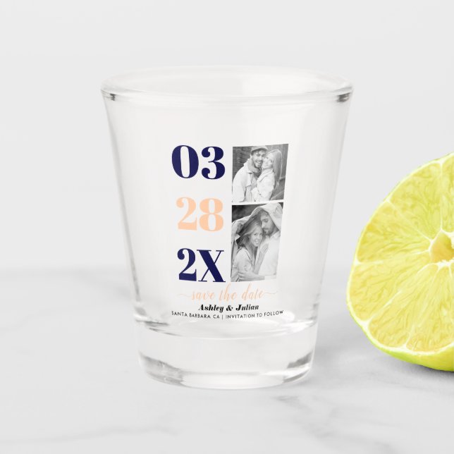 Navy und zwei Fotos Save the Date pfirsichblau Schnapsglas (Vorderseite)