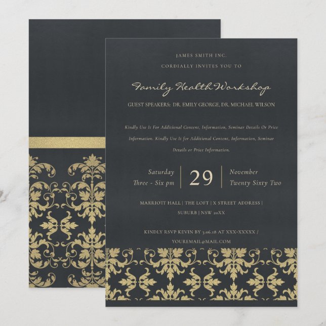 NAVY VELVET GOLD DAMASK CLASSIC WORKSHOP EVENT EINLADUNG (Vorne/Hinten)