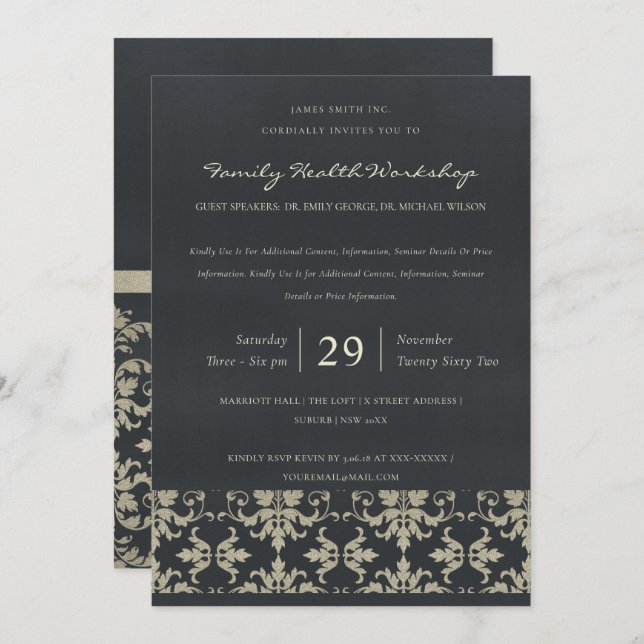 NAVY VELVET SILVER DAMASK CLASSIC WORKSHOP EVENT EINLADUNG (Vorne/Hinten)
