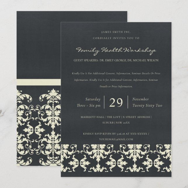 NAVY VELVET WHITE DAMASK CLASSIC WORKSHOP EVENT EINLADUNG (Vorne/Hinten)