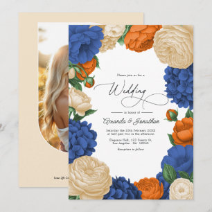 Navy, verbranntes Orange und Champagner Blumenhoch Einladung