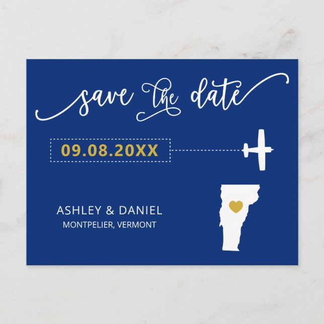 Navy Vermont Wedding Save the Date Map Postcard Postkarte (Vorderseite)