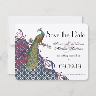 Navy & Very Berry Elegante Damast-Pfau-Hochzeit Save The Date