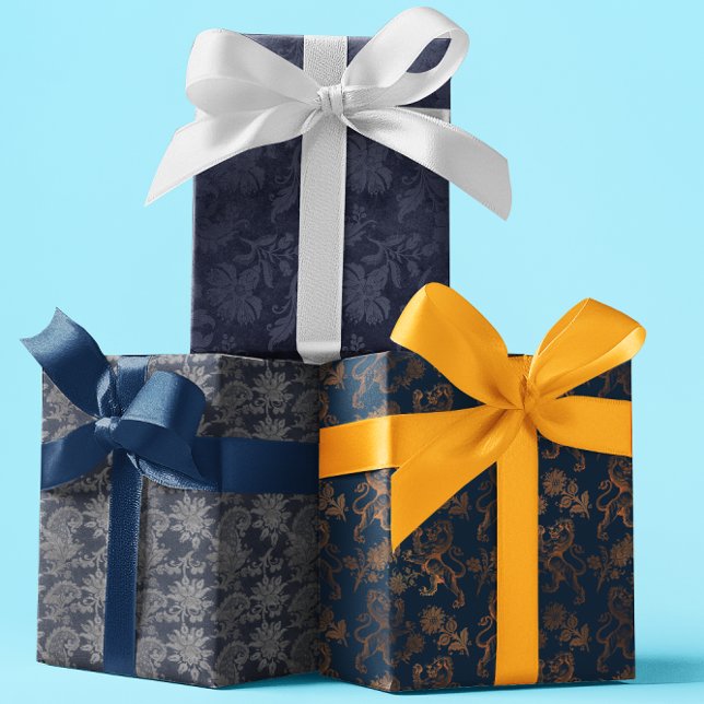 Navy Verziert Damask Blue Pattern Geschenkpapier Set (Von Creator hochgeladen)