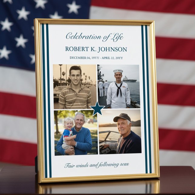 Navy Veteran 4 Photo Celebration of Life Welcome Poster (Celebration of Life welcome poster - available printed or digital)