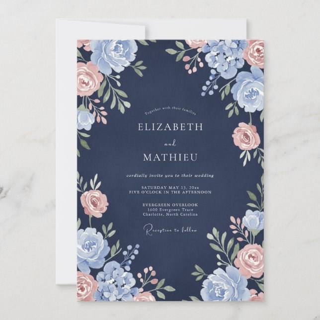 Navy Vinca Petal Hochzeit Einladung (Vorderseite)