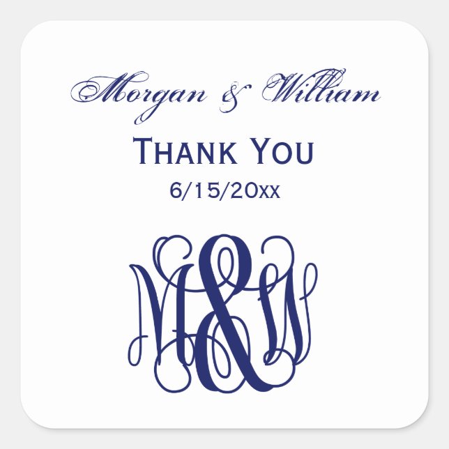 Navy Vine Script Monogram B&G DIY BG Quadratischer Aufkleber (Vorderseite)