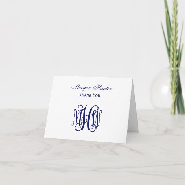 Navy Vine Script Monogram DIY BG Dankeskarte (Vorderseite)