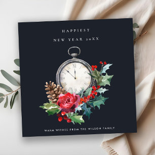 NAVY VINTAG RED GREEN HOLLY BERRY NEW YAAR CLOCK FEIERTAGSKARTE
