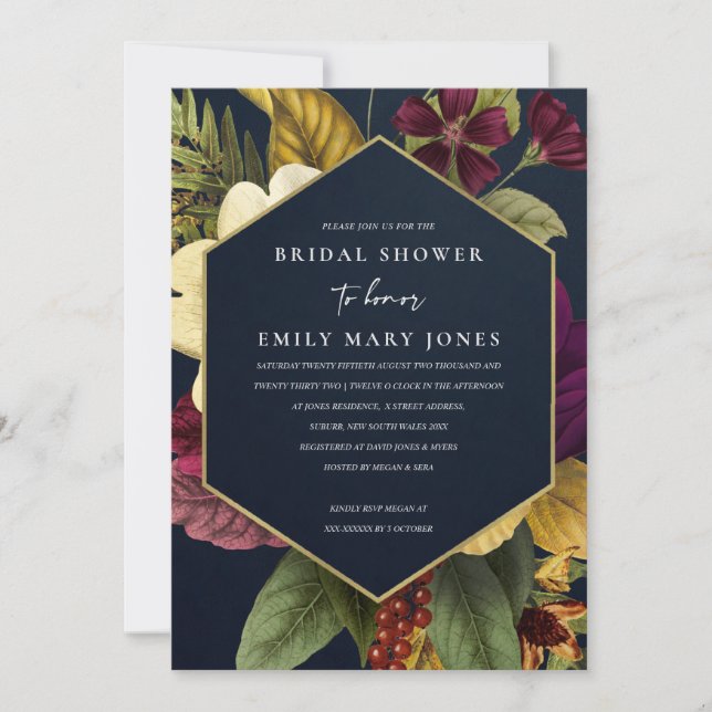 NAVY VINTAGES RETRO BURGUNDY FLORAL BRAUTPARTY EINLADUNG (Vorderseite)