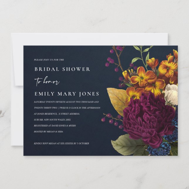 NAVY VINTAGES RETRO BURGUNDY FLORAL BRAUTPARTY EINLADUNG (Vorderseite)