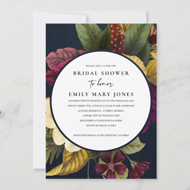 NAVY VINTAGES RETRO BURGUNDY FLORAL BRAUTPARTY EINLADUNG (Vorderseite)