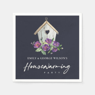 NAVY VIOLET FLORAL BIRD HOUSE HOUSEWARMING PARTY SERVIETTE