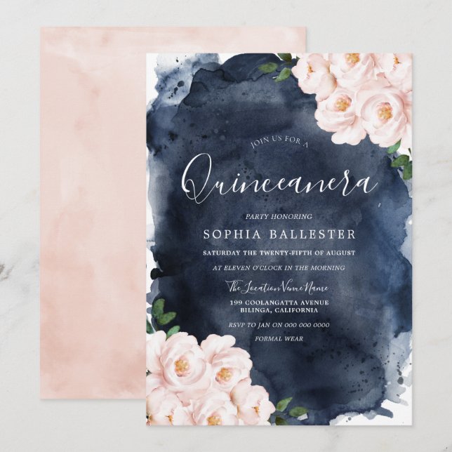 Navy Wasserfarbe Schöne Blüte Blumen Quinceanera Einladung (Vorne/Hinten)