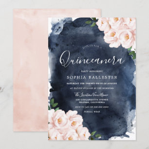 Navy Wasserfarbe Schöne Blüte Blumen Quinceanera Einladung