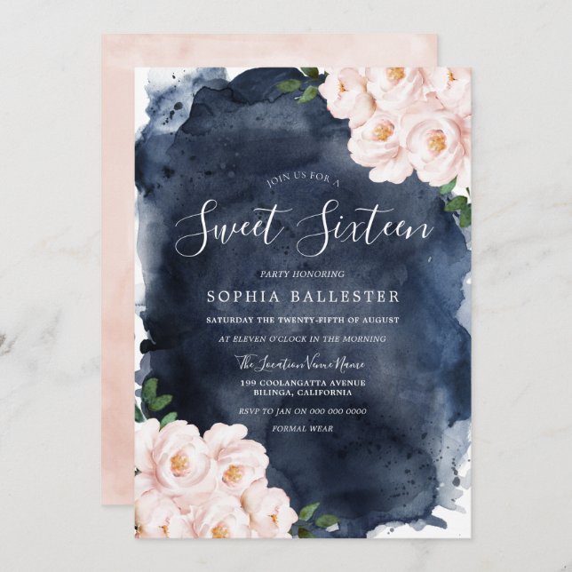 Navy Wasserfarbe Schöne Blütenblüte Sweet 16 Einladung (Vorne/Hinten)