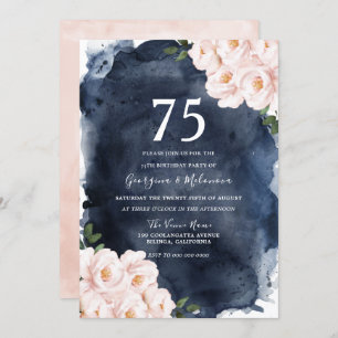 Navy Watercolor Blush Floral 75th birthday Party Einladung