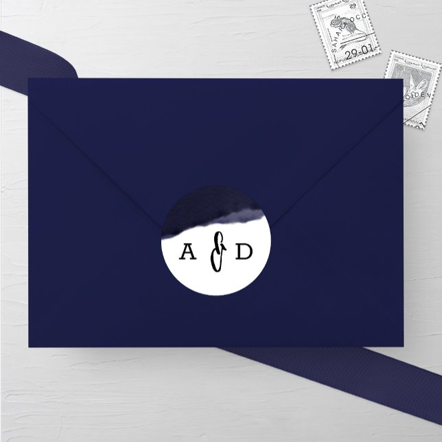 Navy Watercolor Brush Stroke Wedding Runder Aufkleber (Von Creator hochgeladen)