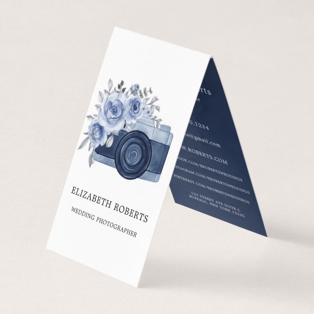 Navy Watercolor Camera Peony Wedding Fotograf Visitenkarten (Vorderseite)