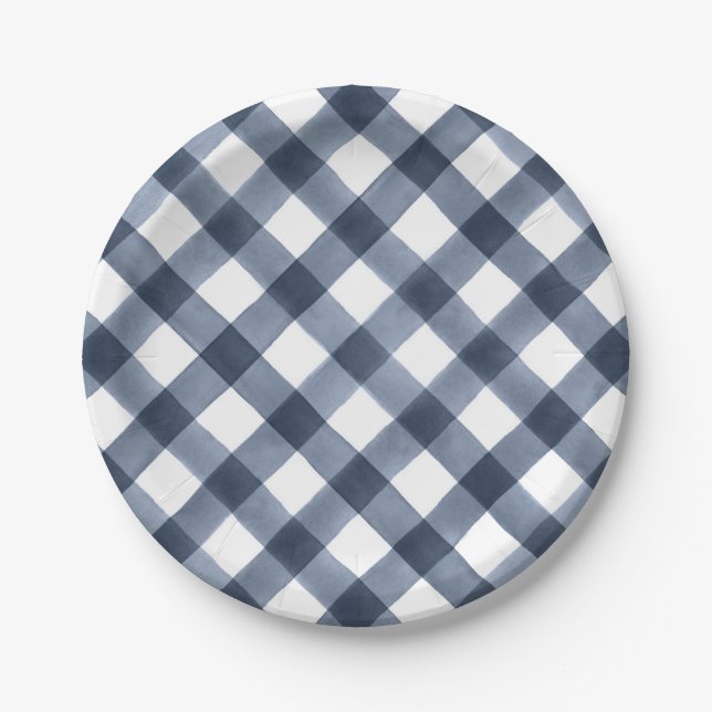 Navy Watercolor Gingham Pappteller (Vorderseite)