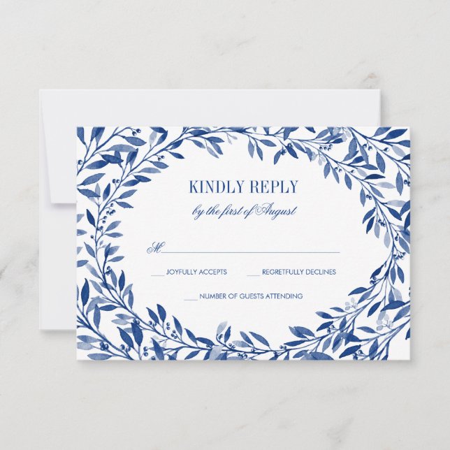 Navy Watercolor Laurel Wreath Wedding RSVP (Vorderseite)