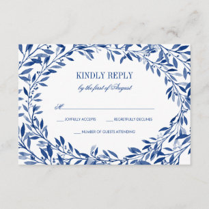 Navy Watercolor Laurel Wreath Wedding RSVP Karte