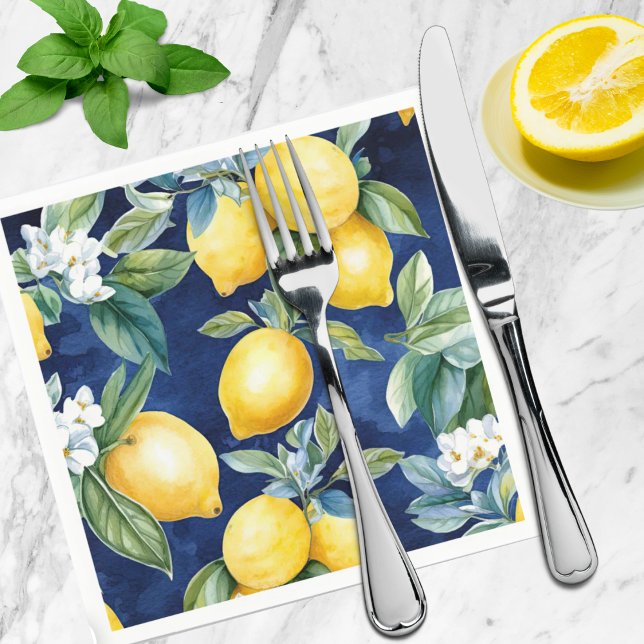 Navy Watercolor Lemons Muster europäisch Italienis Serviette (Von Creator hochgeladen)