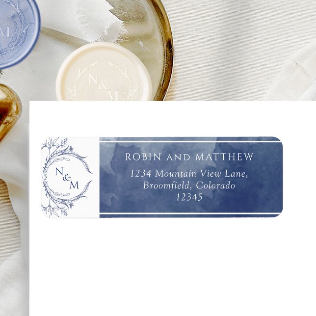 Navy Watercolor, Monogram Wedding Rücksendeadresse (Von Creator hochgeladen)