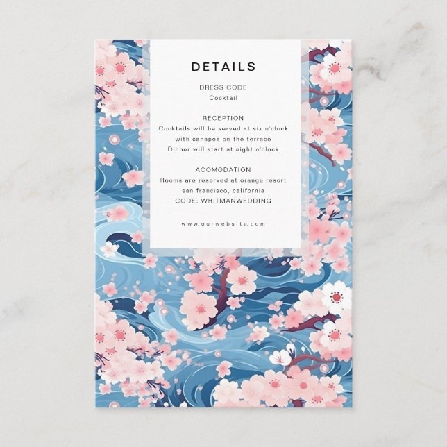 Navy Waves Sakura Blossom Modern Wedding Details Begleitkarte (Vorderseite)