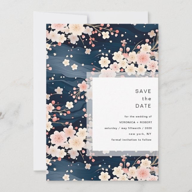 Navy Waves Sakura Blossom Modern Wedding Save The Date (Vorderseite)