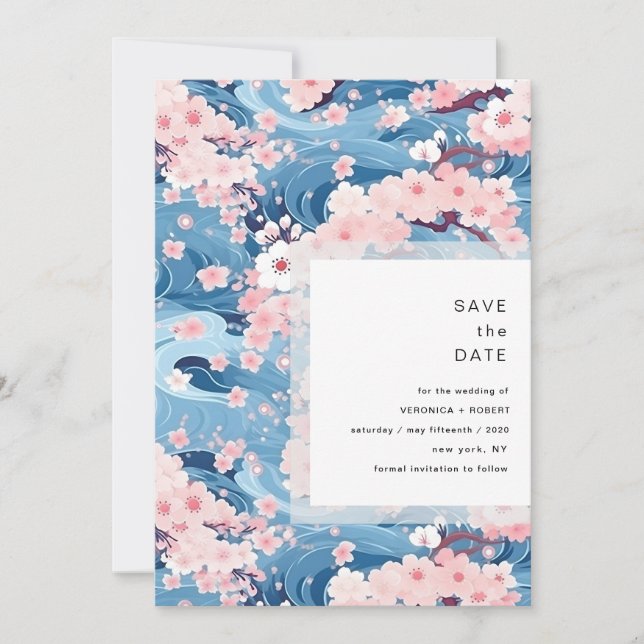 Navy Waves Sakura Blossom Modern Wedding Save The Date (Vorderseite)
