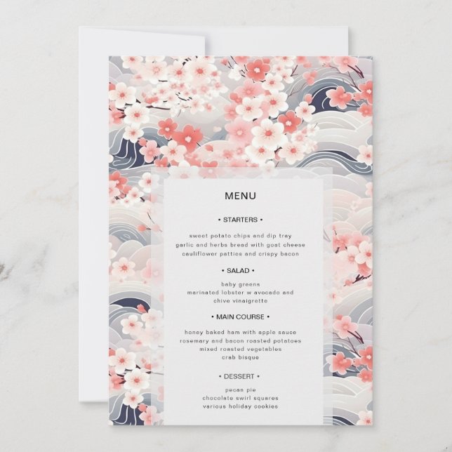 Navy Waves Sakura Floral Modern Wedding Menu Einladung (Vorderseite)