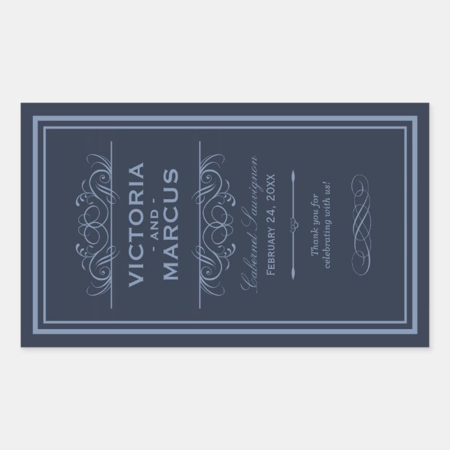 Navy Wedding Wine Bottle Monogram Fevor Labels Rechteckiger Aufkleber (Vorderseite)