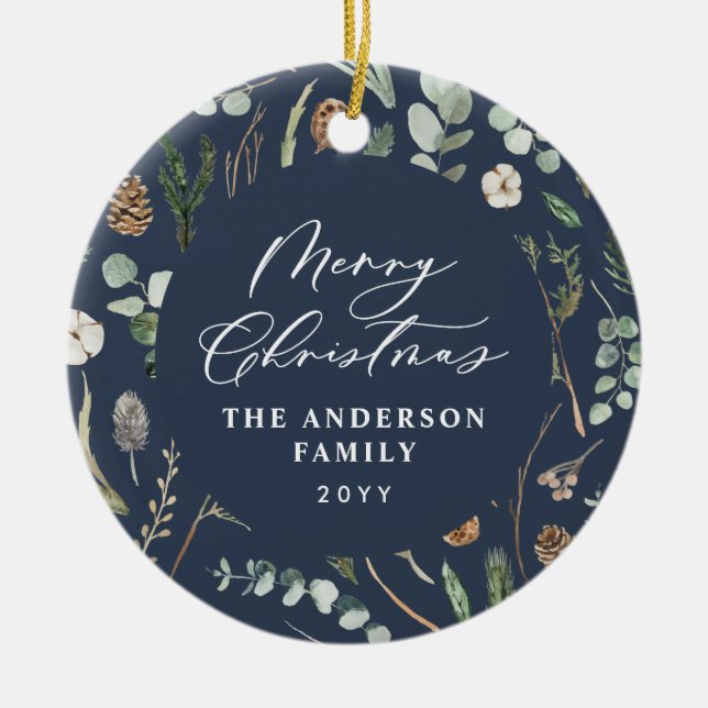 Navy Weihnachten minimalistisches botanisches Foto Keramik Ornament (Vorne)
