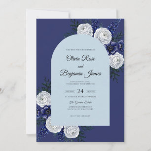 Navy Weiße Blumen Eukalyptus Hochzeit Einladung