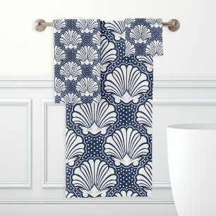 Navy & Weiße Muschelschale Badhandtuch Set