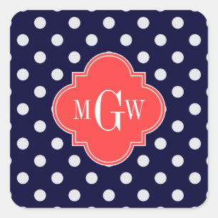 Navy Weiße Polka Dots Koralle Quatrefoil 3 Monogra Quadratischer Aufkleber