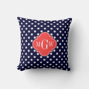 Navy Weiße Polka Dots Korallen Quatrefoil 3 Monogr Kissen