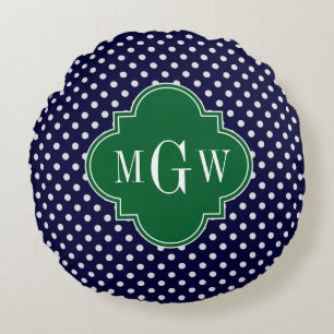 Navy Weiße Polka Dots Wald Vierblatt-Monogramm 3 Rundes Kissen