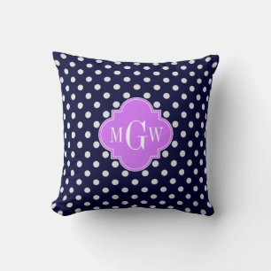 Navy Weiße Punkte Flieder Vierblatt 3 Monogramm Kissen