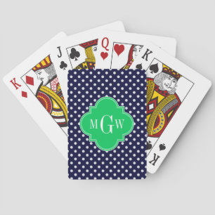 Navy Weißer Punkte Smaragd Vierpass 3 Monogramm Spielkarten