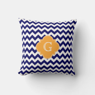 Navy Welch Chevron Cantaloupe Quatrefoil Monogram Kissen