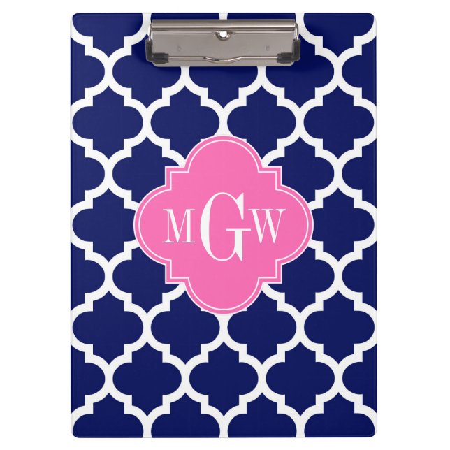 Navy Welches marokkanische #5 Hot Pink2 3 Initial  Klemmbrett (Vorderseite)