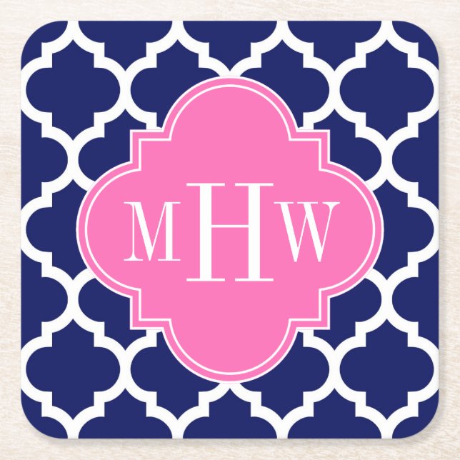 Navy Welches marokkanische #5 Hot Pink2 3 Initial  Rechteckiger Pappuntersetzer (Vorderseite)