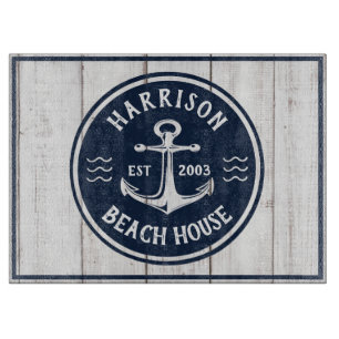 Navy & White Anchor Nautical Family Name Beach Co Schneidebrett