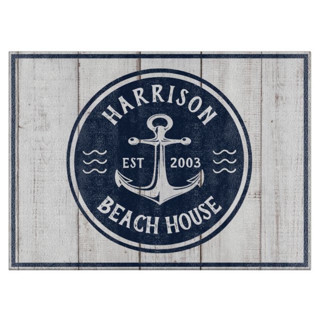 Navy & White Anchor Nautical Family Name Beach Co Schneidebrett (Vorderseite)