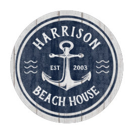 Navy White Anchor Nautical Family Name Beach House Schneidebrett