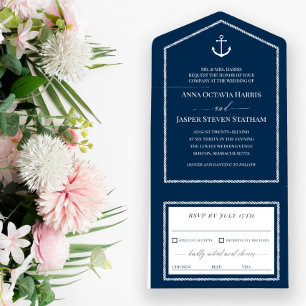 Navy White Anchor Nautical Wedding All In One Einladung