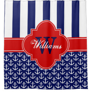 Navy White Anchor Strip 1ICBR Red Monogram Duschvorhang