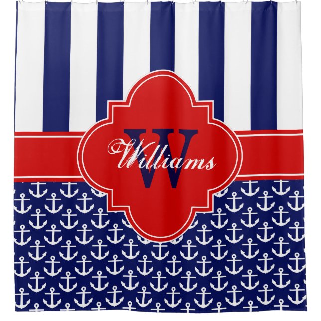 Navy White Anchor Strip 1ICBR Red Monogram Duschvorhang (Vorderseite)
